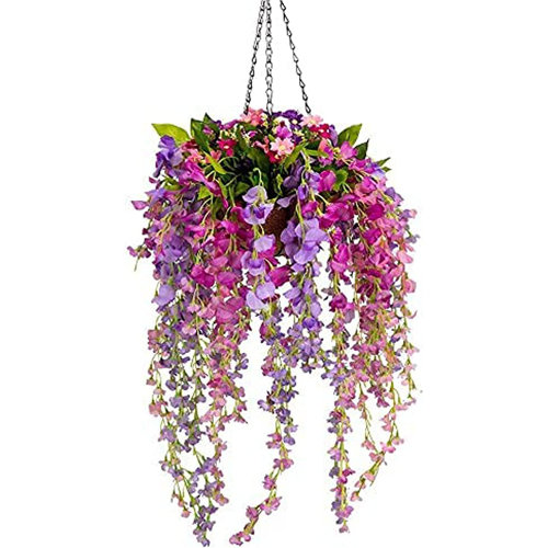 Primrue Silk Wisteria Hanging Basket Arrangement in Basket Wayfair
